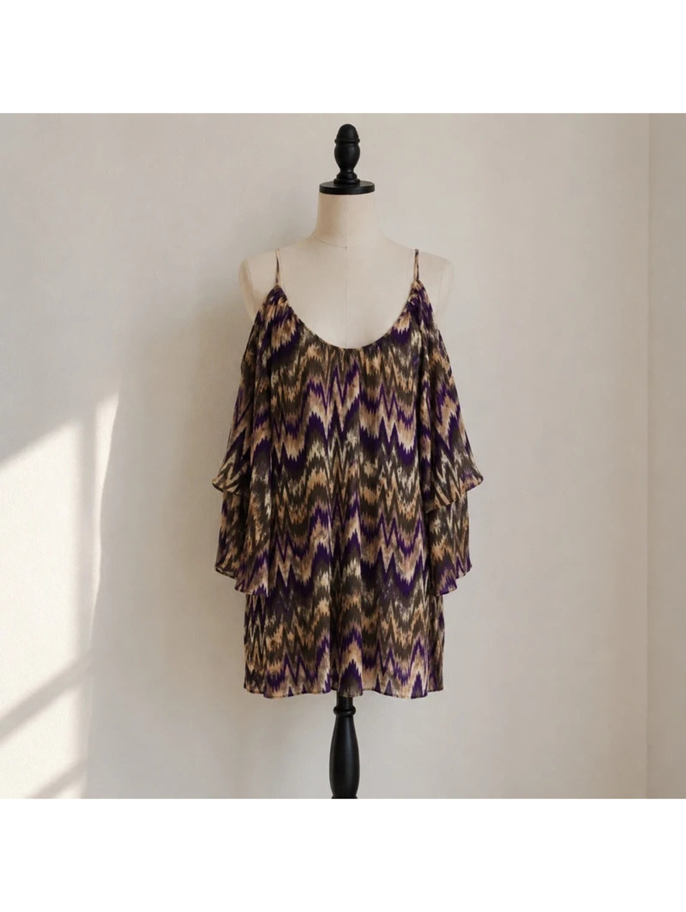 Parker 100% Silk Cold Shoulder Shift Dress Purple Green Abstract Print Boho